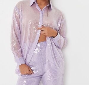 Missguided Lilac Sequin Button-Up Shirt & Matching Pants Set PANTS ONLY US 10